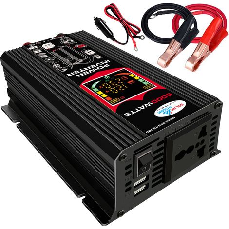 Convertisseur de puissance à onde sinusoïdale modifiée haute fréquence 6000 W, convertisseur CC 12 V vers CA 220 V, chargeur allume-cigare avec double port USB 2,1 A, pinces de batterie, prise allume- (1/2)