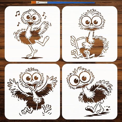 4pcs Pochoirs Autruche avec Pinceau 20x20cm Pochoir Peinture Autruche Modèle Animaux PET pour Bois Carrelage Mur Tissu Meuble Livre DIY (1/5)