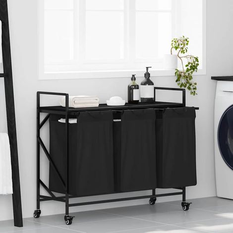 Cesto de ropa de 3 compartimentos con ruedas, color roble negro