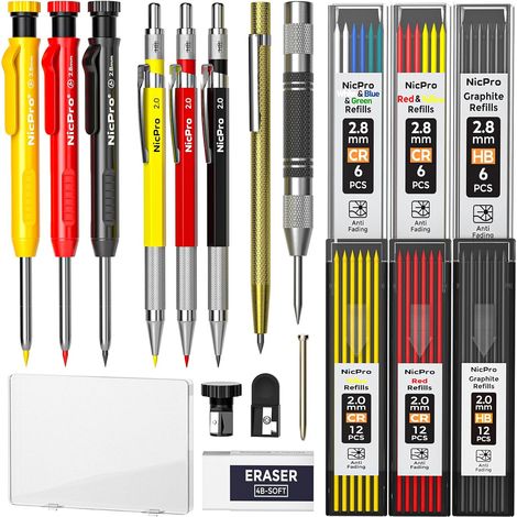 18 pièces Crayon Chantier avec Taille Crayon, Porte Mines avec 60 Recharges, Poinçon Central Automatique et Outil de Traçage Carbure, Crayons Charpentier de Construction pour Architecte (1/5)