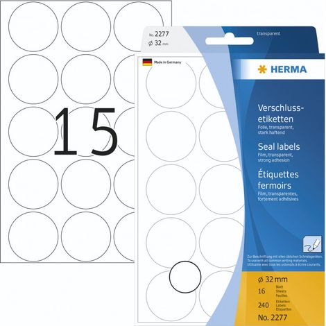 HERMA Étiquettes fermoirs Ø 32 mm rondes, transparentes, extrêmement adhésives, film mat, 240 pcs sur 16 feuilles (2277) (1/3)