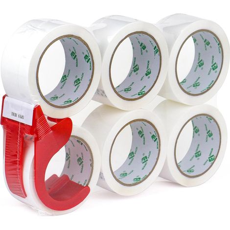 6 Rolls 66 m x 48 mm Packing Tape for Packaging - with Dispenser, Strong Adhesive Printing for Parcel, Warehouse, E-Commerce (White) (1/5)