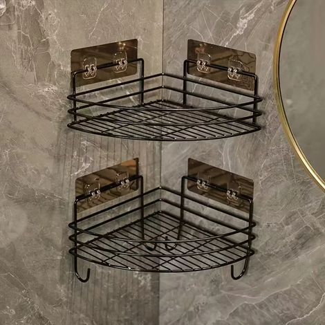 (Étagère d'angle double couche noire) 2 étagères d'angle de luxe en métal - Fixation murale, finition peinte - Idéales pour le rangement dans la cuisine et la salle de bain - Parfaites pour les cosmét (1/5)