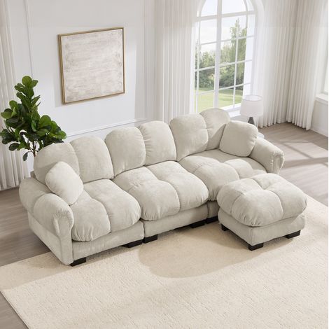 CHICFURN Divano modulare a U 260x149x90 cm in ciniglia beige chiaro 3 posti con pouf mobile (1/5)