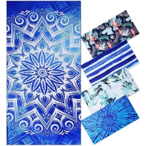 1 Serviette de plage, Microfibre, Anti-sable, Absorbante, Séchage rapide, 180x90 cm, Bleu Mandala, Piscine, Camping