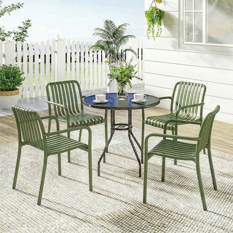 Ensemble de 4 chaises de patio empilables, chaises de salle à manger d'extérieur avec dossier incurvé, assise à lattes et accoudoirs (1/5)