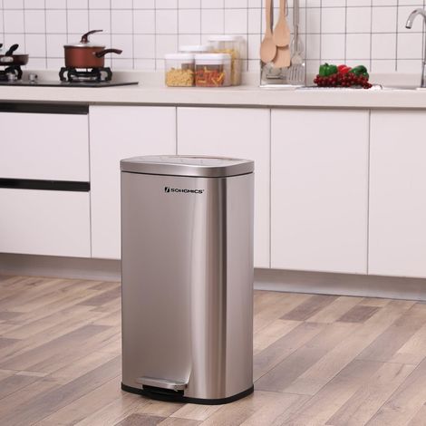 Cubo de Basura con Pedal para Cocina, con Cubeta Interior de plástico, Basurero de Acero Inoxidable DE 30L, Cierre Suave, a Prueba de Olor desagradable (1/5)
