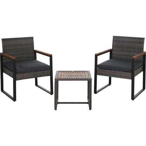 Conjunto de muebles de ratán sintético HHG-733, conjunto de salón para jardín con 2 sillas y mesa, madera de acacia, tela de 180 g/m², gris, tapizado gris