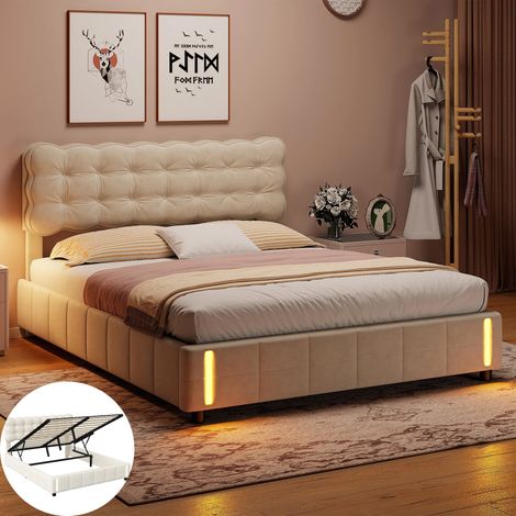 Lit Coffre 160 x 200,Chambre complete adulte avec Sommier,Lit deux place Capitonné avec Rangement,Lampe inductive pied,Velours Beige (1/5)