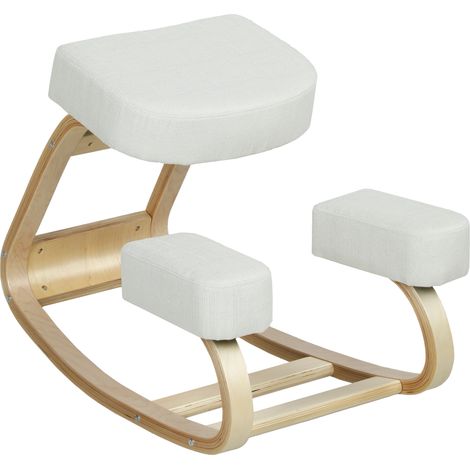 Poltrona ergonomica con poggiapiedi e funzione dondolo, moderna poltrona posturale imbottita in legno di betulla e poliestere, 51 x 69 x 58 cm, crema