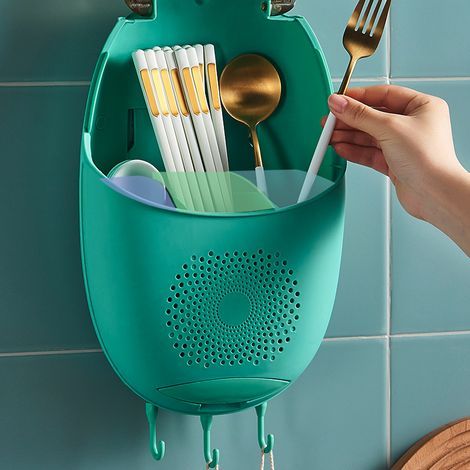 Organisateur mural de couverts et d'ustensiles de cuisine, avec couvercle anti-poussière et crochets. (1/5)