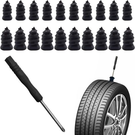 Kit de réparation de crevaison pour pneus tubeless (21 pièces) avec mèche champignon et tournevis. Ce kit permet de réparer les crevaisons et les dégonflements de pneus sur voitures, motos, camions et (1/5)