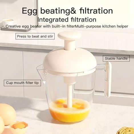 Schneebesen, manueller Eierquirl mit Eierbecher, multifunktionaler Handmixer zum Schlagen, Aufschlagen und Mischen, mühelose Anwendung für Eier, Milchschaum usw. (weiß) (1/5)