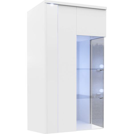 Armario de pared Florem, Blanco + Blanco brillante, 110x52cm, Número de puertas: 140cm, Aglomerado laminado, LED