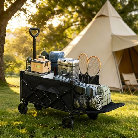 WOLTU Bollerwagen faltbar Handwagen Klappbollerwagen mit 2 Getränkehaltern, 4 abnehmbaren Rädern Rückwand klappbar und Griff, 110L + 150kg Tragkraft, für Camping Picknick Einkaufen Strand, Schwarz