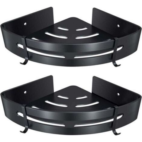Bathroom corner shelf, no-drill shower shelf, adhesive aluminum storage basket for shampoo, soap, towel, with hooks (triangle, black, 2 pieces) (1/4)