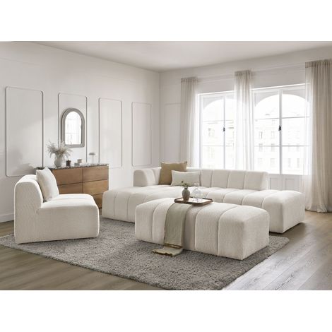 BOBOCHIC - Canapé d'angle fixe modulable ANNECY tissu bouclette avec 1 chauffeuse 1 place et 1 pouf Angle gauche Blanc (1/5)