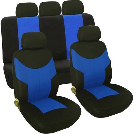 9Pcs Housse de siège auto Voiture Universelle Pour Conducteur et Passager Bleu Noir
