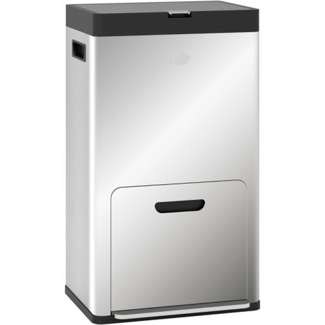 56L Stainless Steel Kitchen Trash Can with Triple Compartments, Deodorizer Holders, and Wheels - Silver Finish
