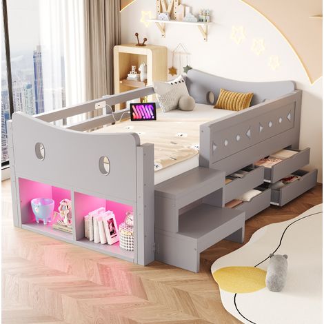 Etagenbett 90/200 cm grigio con spazio contenitivo, LED e porte USB/Type-C (1/5)