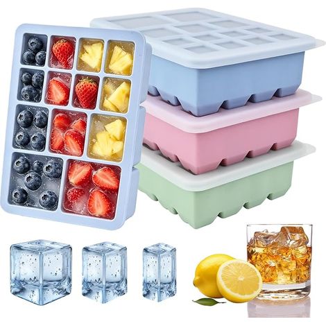 Lot de 3 bacs à glaçons avec couvercle - 13 compartiments - En silicone - Avec cadre en acier renforcé - 3 tailles de glaçons - Sans BPA - Empilables - Facile à démouler (1/5)