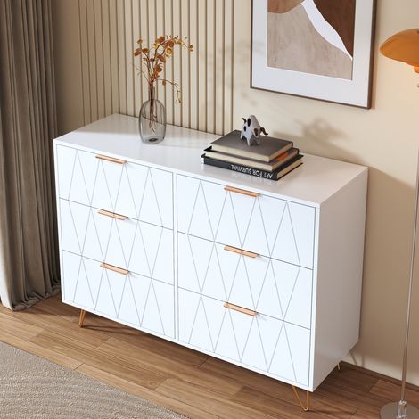 Commode avec 6 Tiroirs, Meuble de Rangement Chambre et Salon, 100 x 34 x 72.5cm, Style Scandinave Elégant, Blanc (1/5)