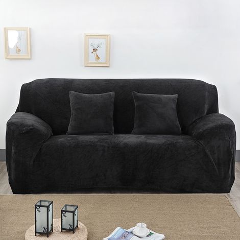 Housse de canapé épaisse et antidérapante en peluche, trois places, 195-230 cm, noire (1/5)