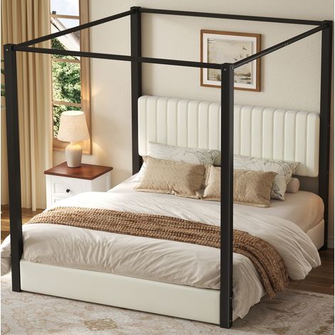 Lit adulte 180x200 à baldaquin velours beige OKMYHOME (1/5)