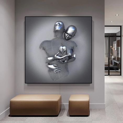 Statue décorative moderne en métal en forme de cœur 3D, sans cadre, sur toile. Décoration murale pour chambre. (1/5)
