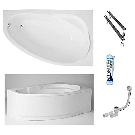 ECOLAM Baignoire d'angle acrylique Marea Polimat 160x100 cm droit, pieds, siphon, silicone, tablier en acrylique. Belle forme Aspect moderne. Baignoire acrylique blanc (1/5)