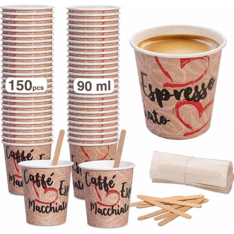 Lot de 150 gobelets à café de 90 ml + 150 palettes, gobelets en papier de 90 ml, fabriqués en Italie, spatules jetables en bois de bouleau recyclables, pour restaurants, bureaux, transports (1/5)