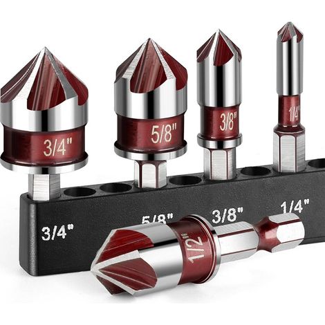 Set di 5 punte da trapano, punta da trapano svasatrice premium da 82 gradi, 5 scanalature, gambo esagonale a cambio rapido, da 1/4 a 3/4 di pollice, per legno, metallo e plastica