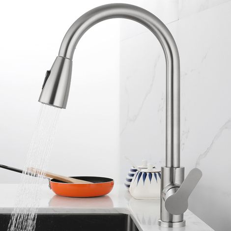 Grifo de cocina con rociador extraíble – grifo de fregadero de acero inoxidable, doble salida de agua, mezclador monomando, resorte extraíble para lavabos (1/5)