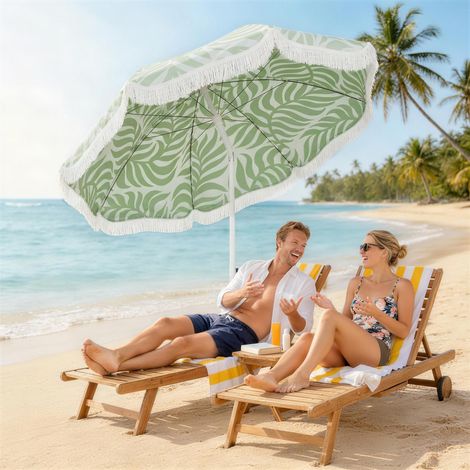 Sombrilla de Playa con Flecos Ø180 cm Altura Ajustable Inclinación Anclaje Arena y Bolsa de Transporte UPF30+ Verde (1/5)