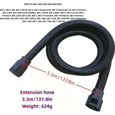 Tuyau d'aspiration flexible en plastique de 2,5 m ou 3,5 m (1 jeu). Compatible avec les aspirateurs Kärcher (modèles WD1, WD2, WD3, WD4, WD5 et WD6). Rallonges incluses. (1/4)