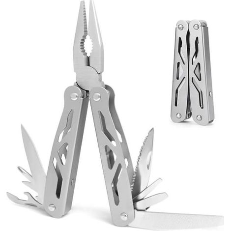Pince multifonction 12 en 1 en acier, pliable avec clip de ceinture, pour camping, randonnée et bricolage. (1/5)