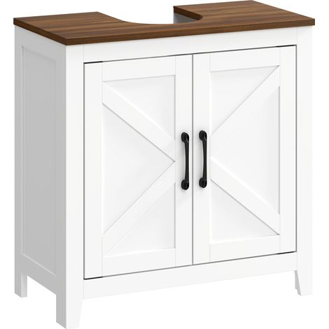 Meuble-lavabo de style rustique avec étagère réglable et 2 portes de style grange, blanc (1/5)