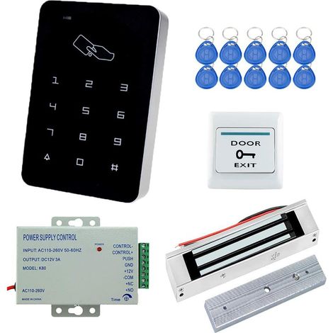 RFID Porte Accès Contrôle Système Kit 180kg Serrure Magnétique Electrique DC 12V 3A Power Supply Proximité Porte Entrée Pavé Numérique Bouton EXIT Breloques Clé (1/5)