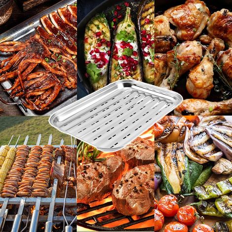Questo set di due pezzi riutilizzabili in acciaio inox, composto da cestello e griglia, è dotato di fori ed è ideale per barbecue all'aperto, per grigliare verdure, pesce o carne. (1/4)