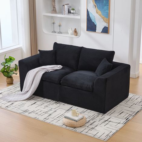 Divano Dritto 2 Posti in Velluto A Coste con Cuscini Alta Resilienza, Design Minimalista, Nero