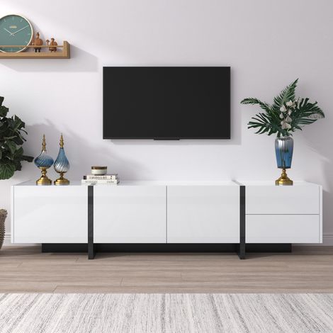 Mobile TV 190x35x45 cm - Design moderno laccato bianco lucido e nero - 3 ante con ripiani e 2 cassetti - Stile essenziale (1/5)