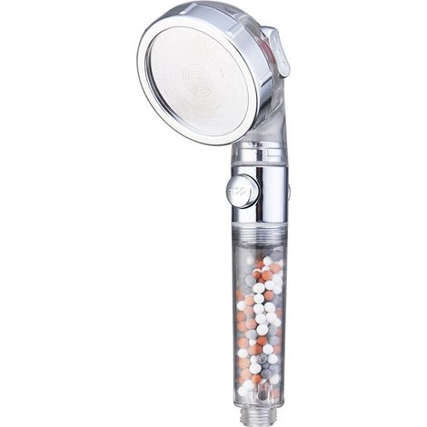 Pommeau de douche haute pression design pour salle de bain, avec bouton marche/arrêt et bouton stop. Douchette ionique et minérale à économie d'eau. (1/4)