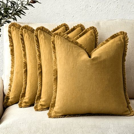 Ensemble de 4 housses de coussin décoratives en lin à franges. Housse de coussin confortable de style bohème avec pompons. Housse de coussin douce pour canapé, fauteuil, lit, salon et autres accessoir (1/5)