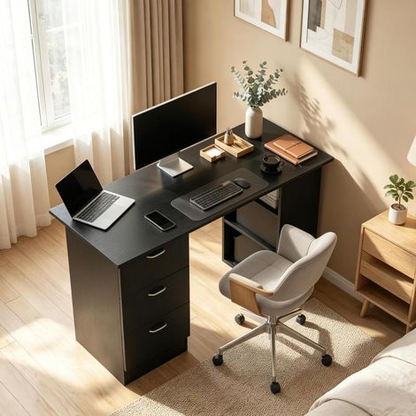 Bureau d'ordinateur modulable 120x49x72 cm panneau MDF aspect bois, 3 tiroirs et 3 étagères réversibles, table de travail pour bureau chambre adolescent (1/5)