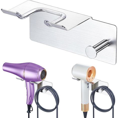 Wandmontierter Haartrocknerhalter, selbstklebender Metallhaken, kein Bohren erforderlich, für Badezimmer, Hotel, Wohnzimmer, silberfarben (1/4)