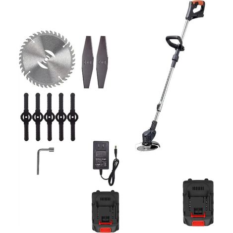 24-V-Akku-Freischneider, Akku-Trimmer mit 2 x 6000-mAh-Akkus, 2 Metallklingen und 5 Kunststoffklingen für Garten, Rasen und Unkrautbekämpfung (1/4)