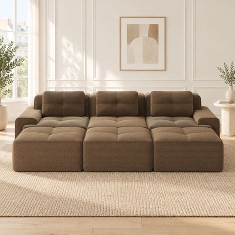 Canapé d’angle modulable 3 places en velours côtelé marron, 293x177 cm, assise profonde 74 cm, 3 poufs, configuration couchage (1/5)