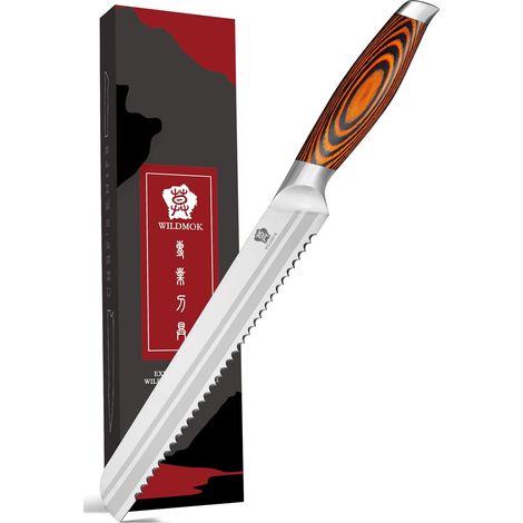 8 Inch Bread Knife - Serrated Blade - Wooden Handle and Stainless Steel Saw Knife Extra Sharp (1/5)