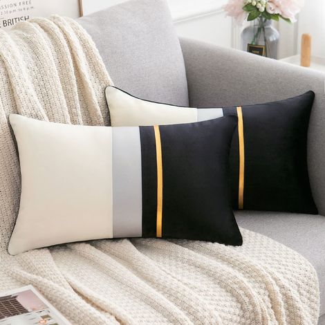 Lot de 2 Housse de Coussin Noir Blanc Patchwork Velours 30x50 cm Bande de Cuir Décoratif Taie d'oreiller Rectangulaire Doux et Moderne pour Chambre Salon Canapé Lit Chaise Voiture (1/5)