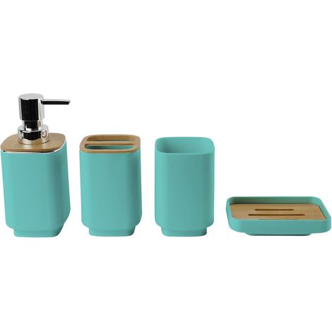 Lot 4 accessoires salle de bain bleu vif, distributeur lotion, gobelet, porte-savon.